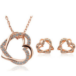Ensemble personnalisé collier et boucles d’oreilles double cœur avec strass