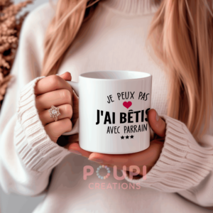 Mug “Je peux pas, j’ai bêtises avec parrain” – Cadeau complice et fun