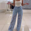 Jeans Y2K femme – Taille haute, jambes larges, dentelle florale ajourée, coupe droite tendance - Image 8