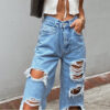 Jeans femme style rétro US – Taille haute, coupe droite, effet destroy et jambes larges tendance - Image 3