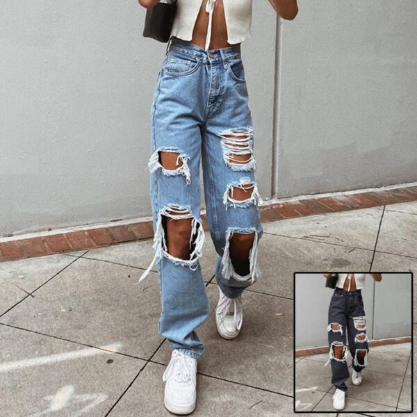 Jeans femme style rétro US – Taille haute, coupe droite, effet destroy et jambes larges tendance