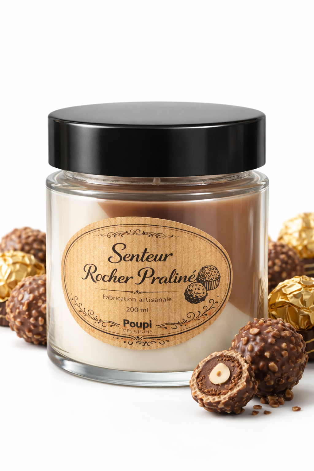 Bougie parfumée Rocher Praliné – Cire 100 % soja – Fabrication artisanale