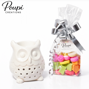 Coffret Cadeau Hibou – Brûleur Céramique Blanc & Fondants Parfumés Artisanaux